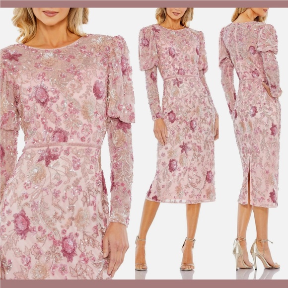 NWT‎ $498 Mac Duggal [ 12 ] Sequined Puff Sleeve High Neck Dress Rose Pink - Picture 1 of 16